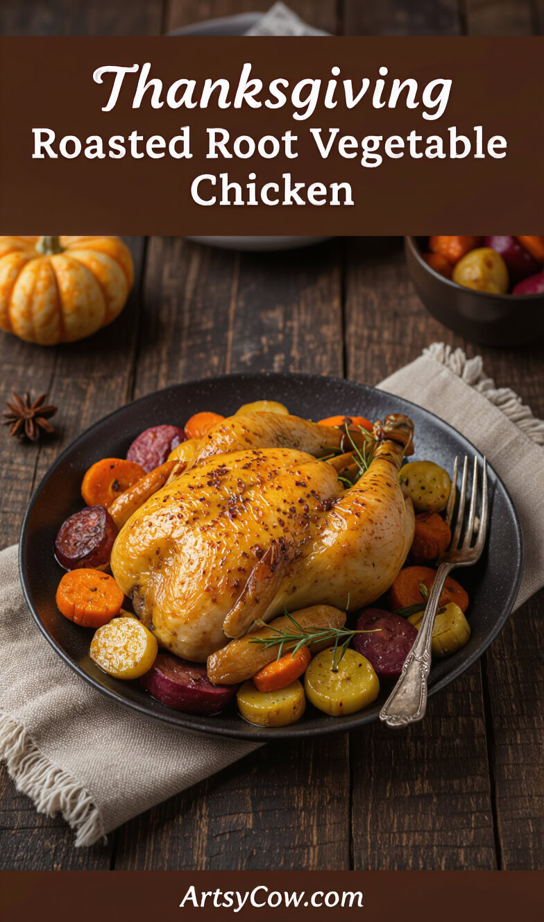 thanksgiving roasted root vegetable chicken recipe pin image