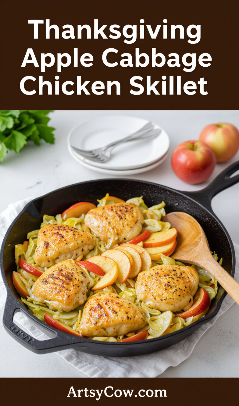 thanksgiving apple cabbage chicken skillet recipe pin image