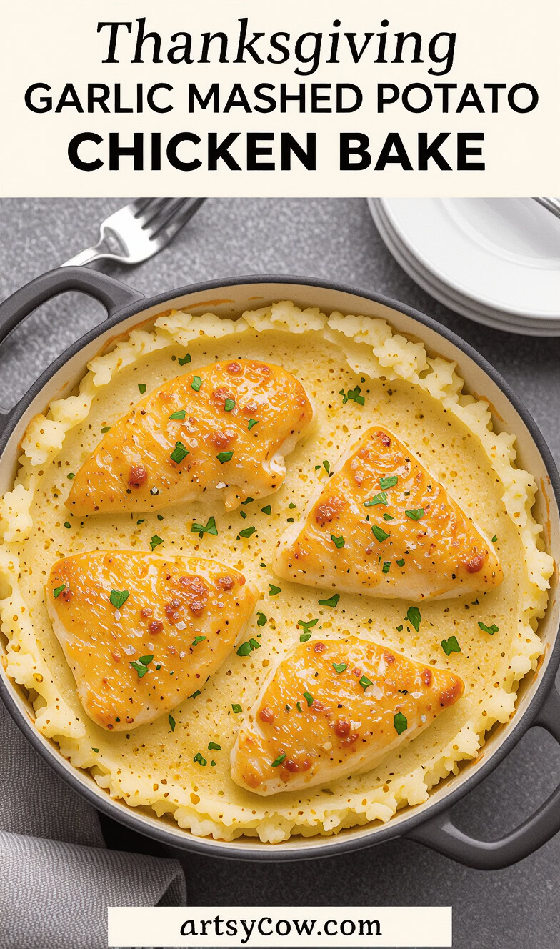 thanksgiving garlic mashed potato chicken bake recipe pin image