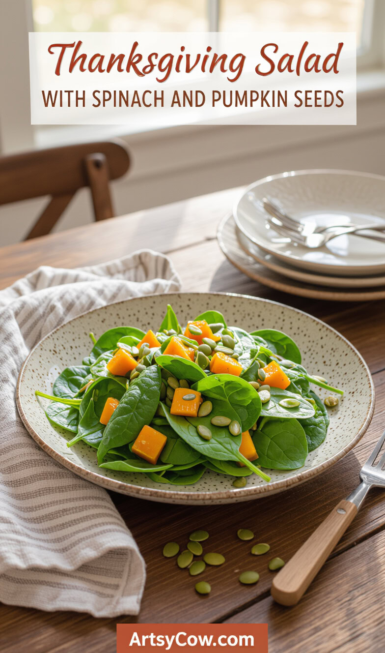 thanksgiving salad with spinach and pumpkin seeds pin image