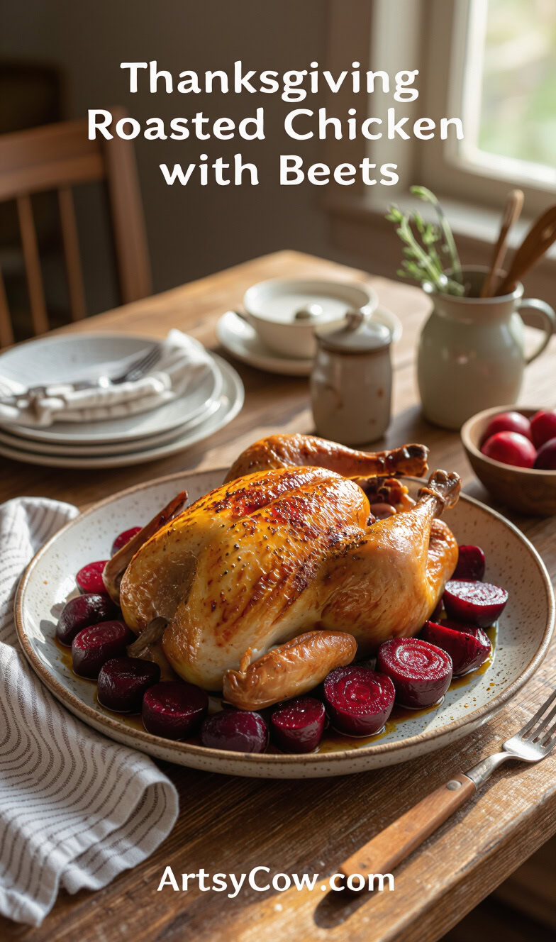 thanksgiving roasted chicken with beets recipe pin image
