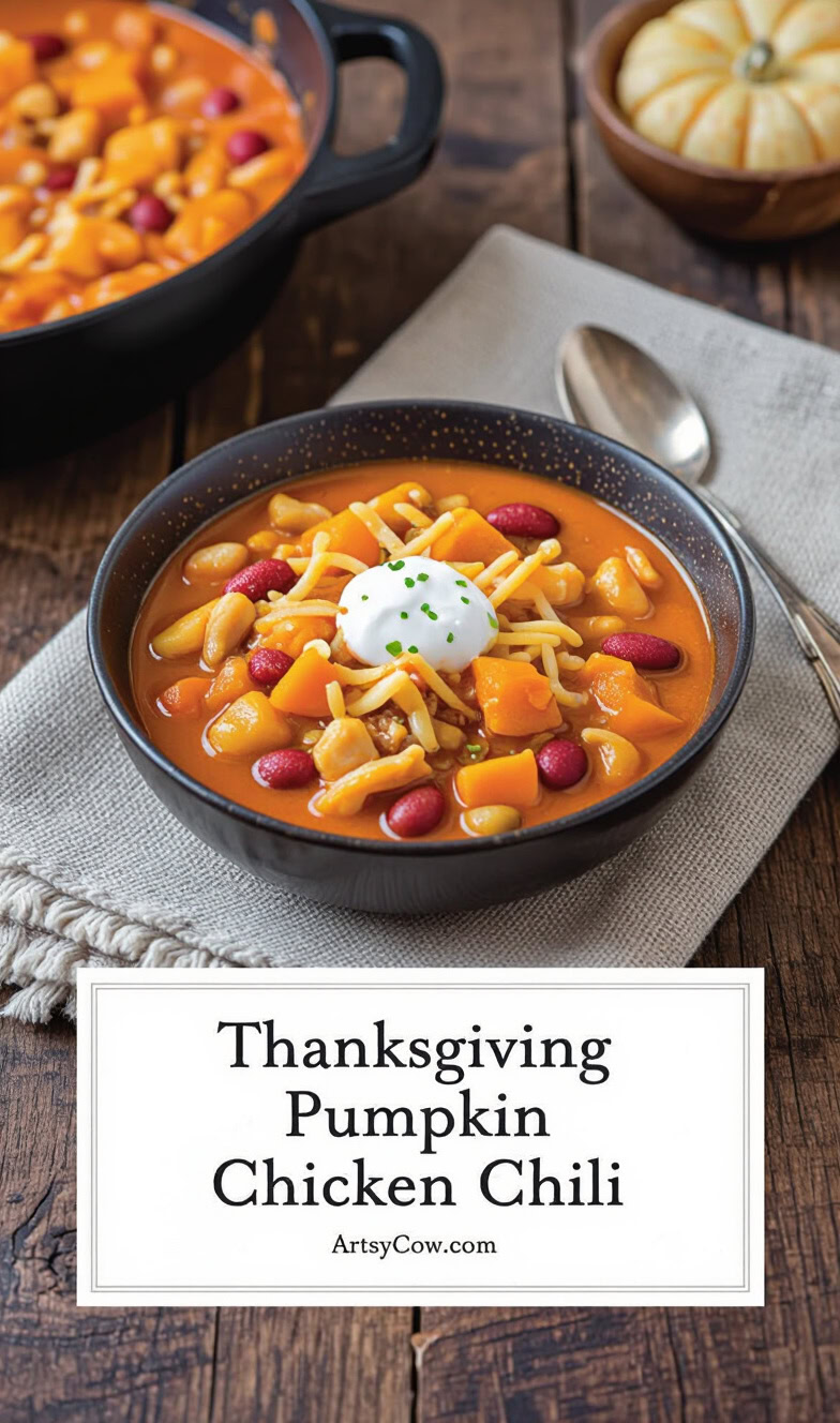 thanksgiving pumpkin chicken chili recipe pin image