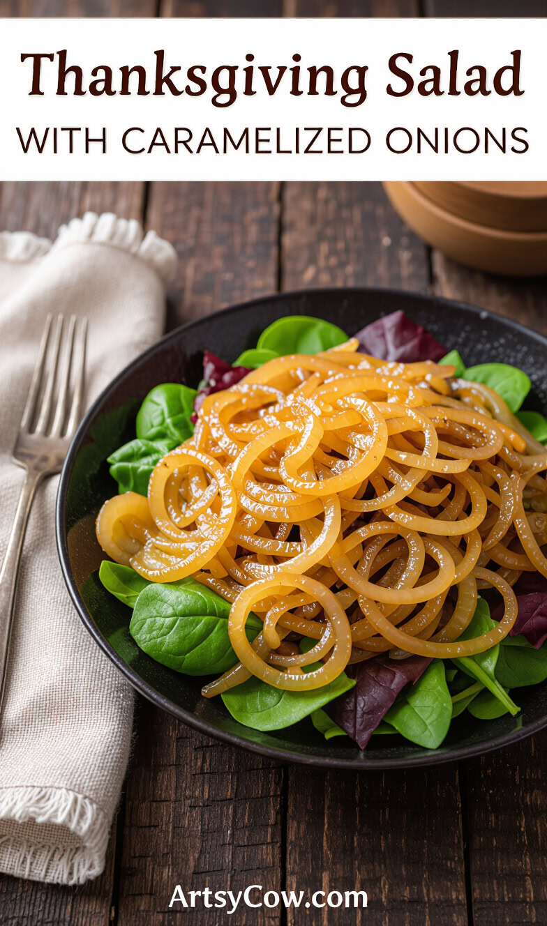 thanksgiving salad with caramelized onions pin image