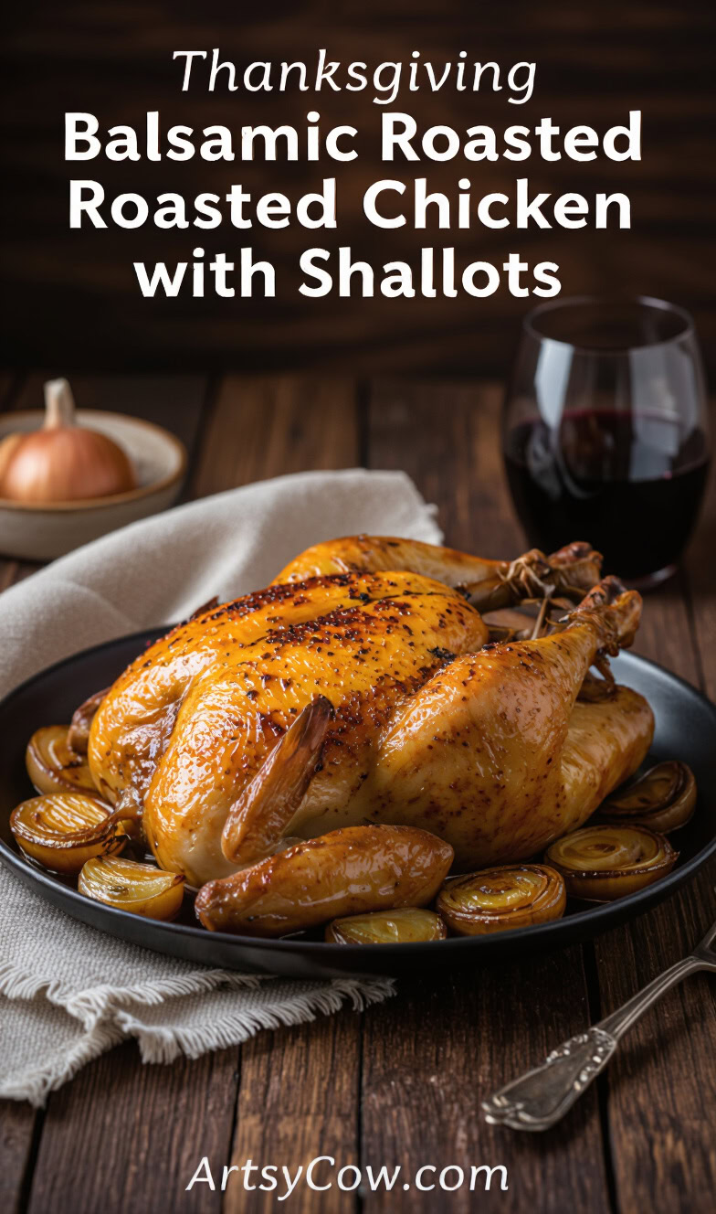 thanksgiving balsamic roasted chicken with shallots recipe pin image