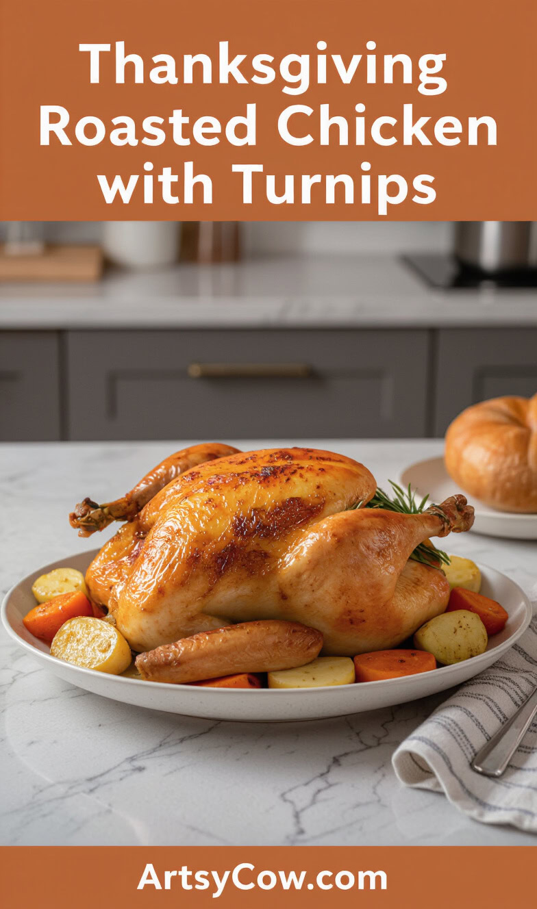 thanksgiving roasted chicken with turnips recipe pin image