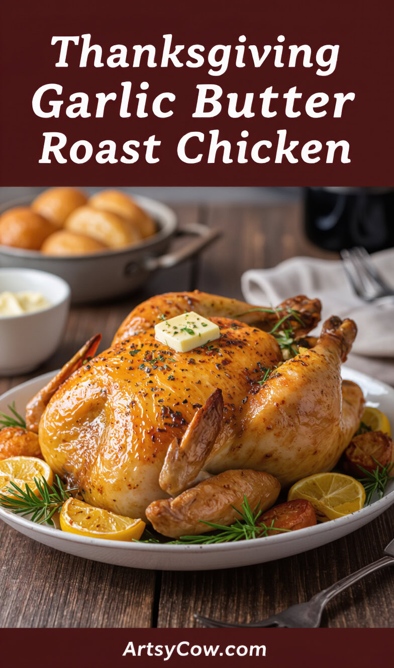 thanksgiving garlic butter roast chicken recipe pin image