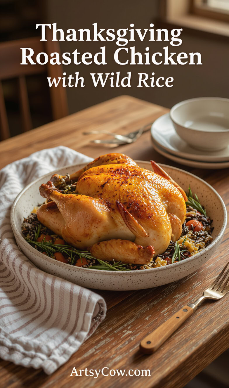 thanksgiving roasted chicken with wild rice recipe pin image