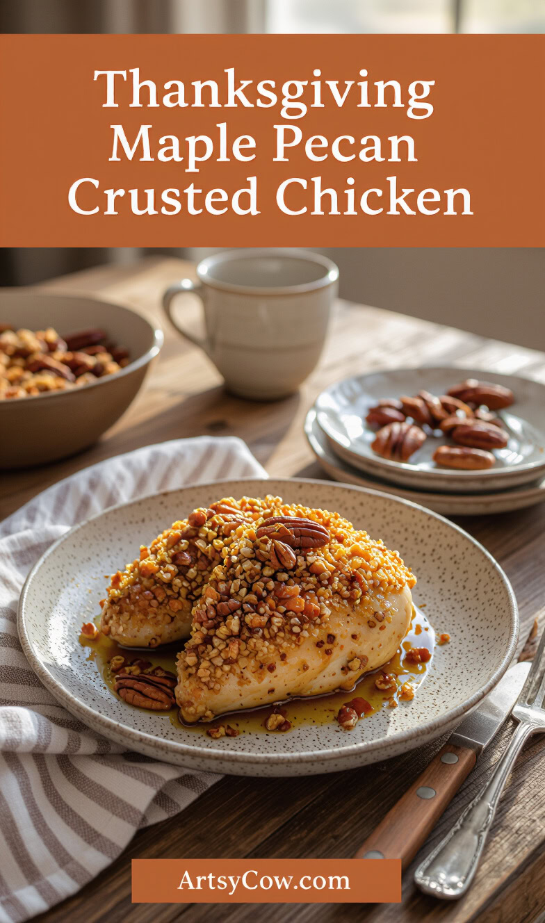 thanksgiving maple pecan crusted chicken recipe pin image