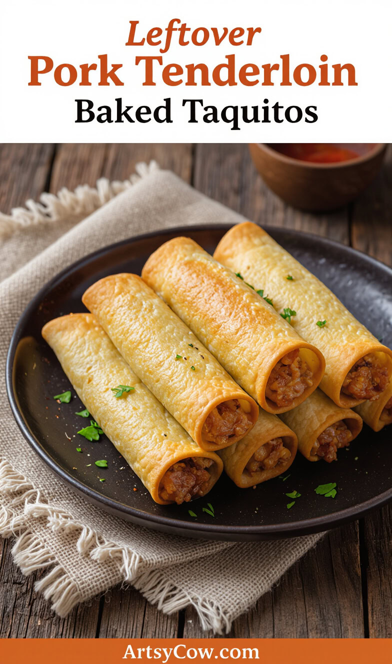 leftover pork tenderloin baked taquitos recipe pin image