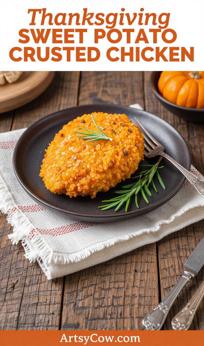 thanksgiving sweet potato crusted chicken recipe pin image