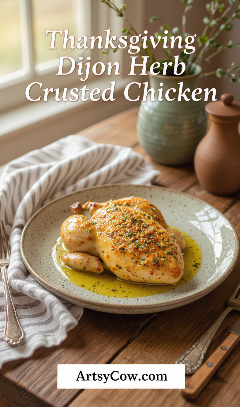 thanksgiving dijon herb crusted chicken recipe pin image