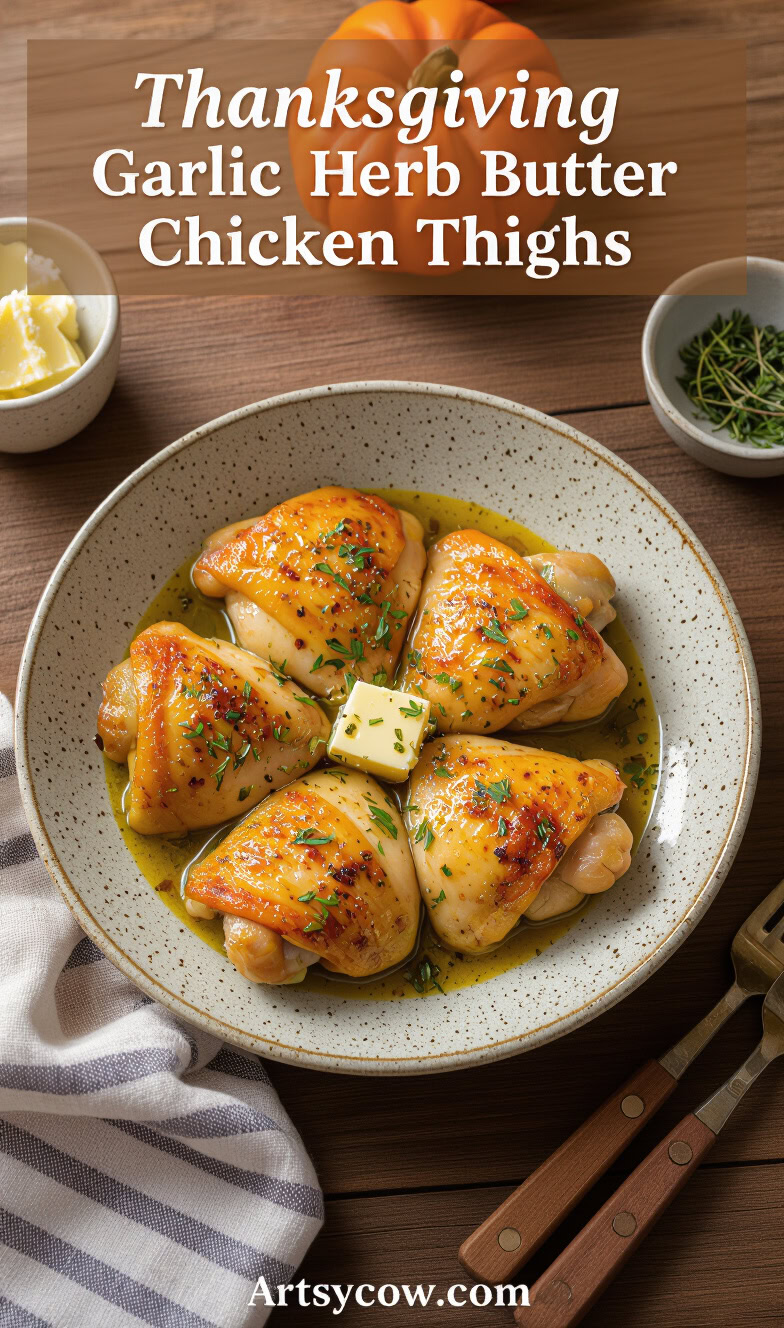 thanksgiving garlic herb butter chicken thighs recipe pin image