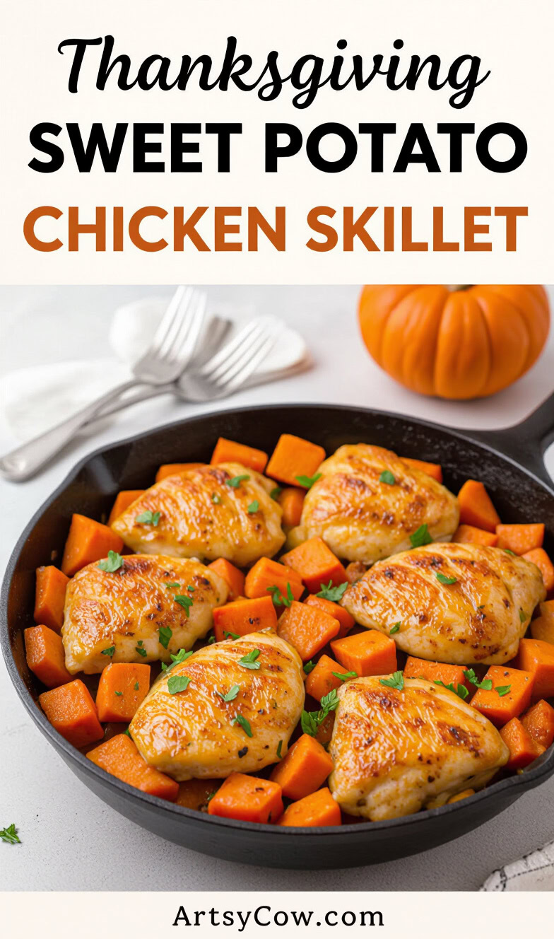 thanksgiving sweet potato chicken skillet recipe pin image