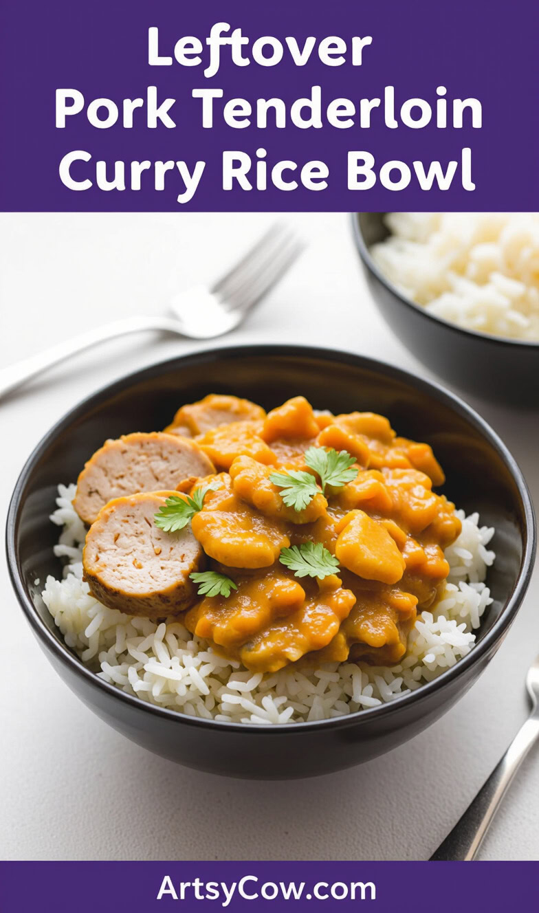 leftover pork tenderloin curry rice bowl recipe pin image