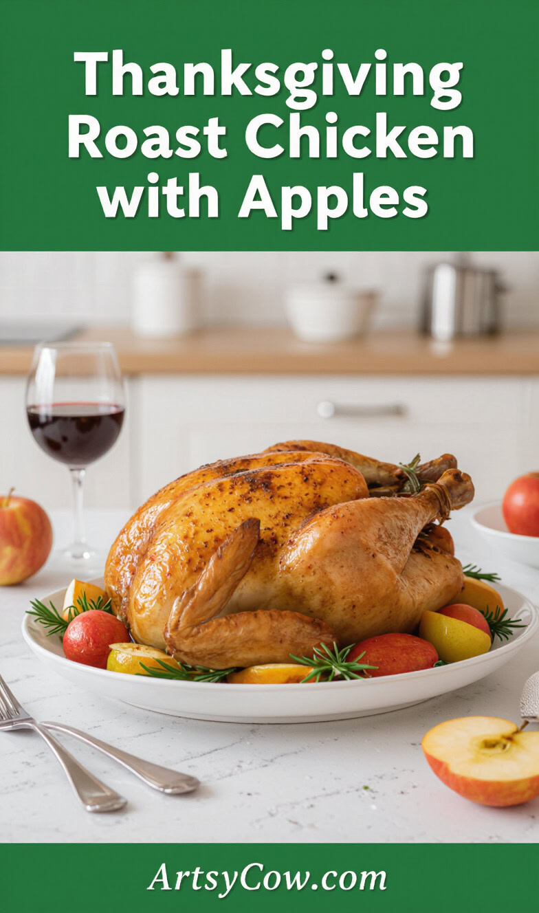 thanksgiving roast chicken with apples recipe pin image