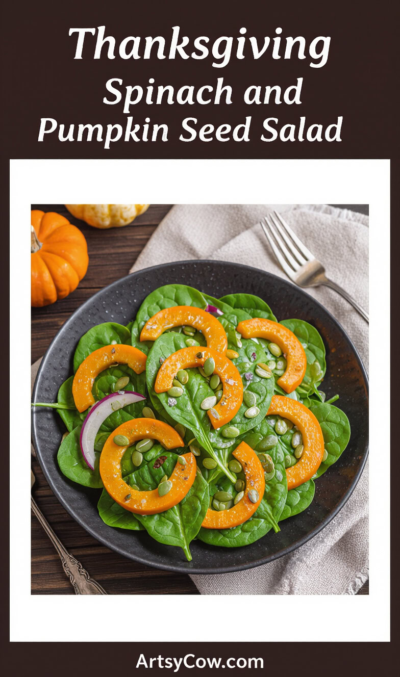 thanksgiving spinach and pumpkin seed salad pin image