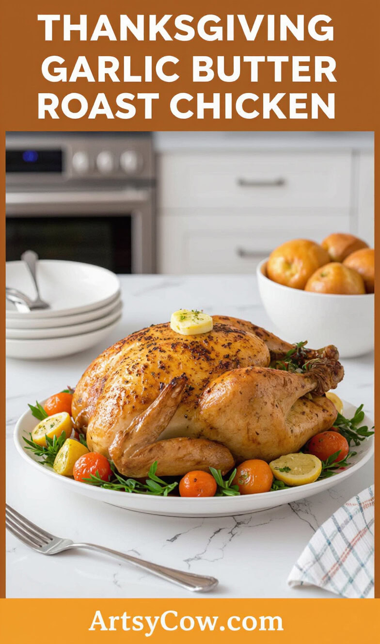 thanksgiving garlic butter roast chicken recipe pin image