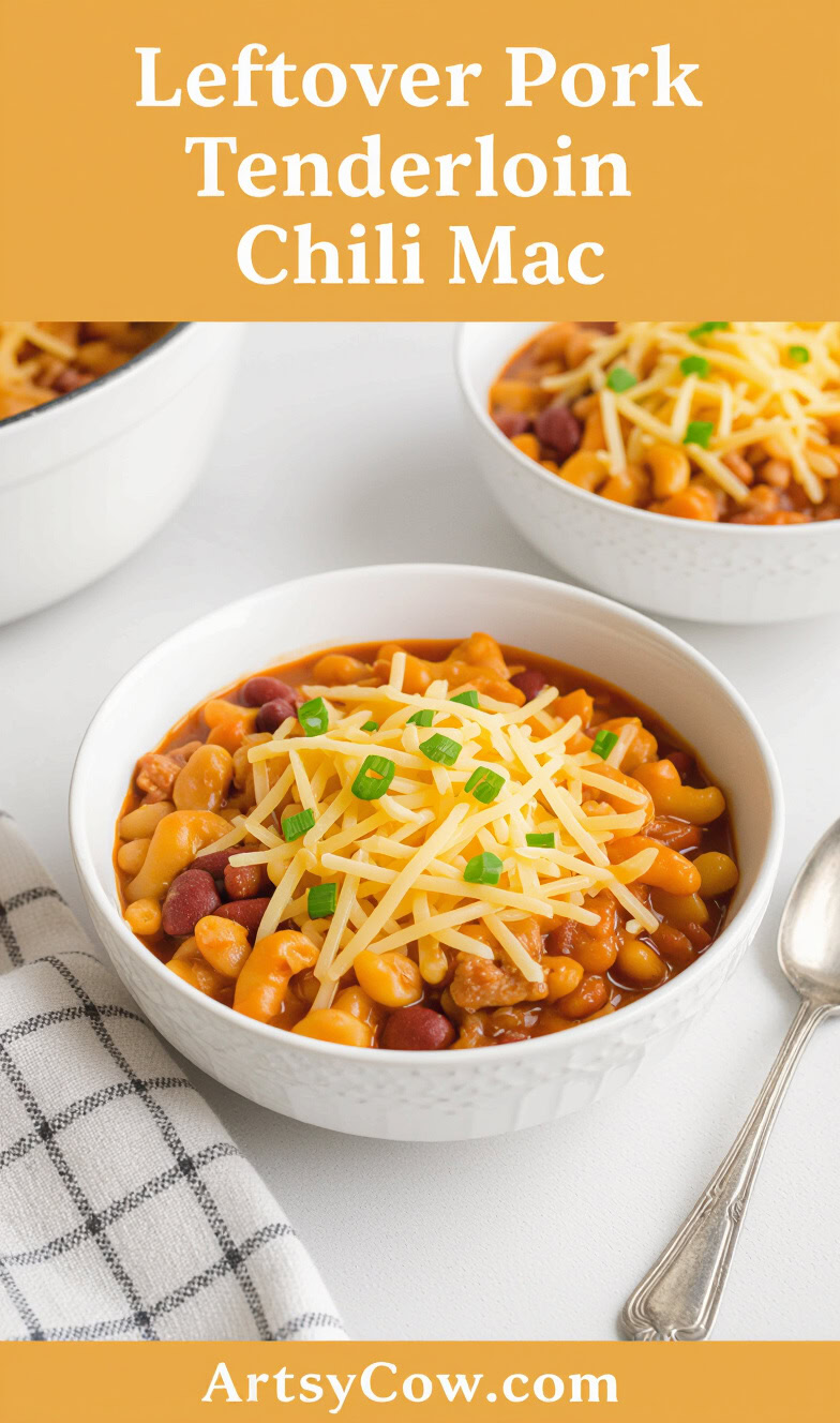 leftover pork tenderloin chili mac recipe pin image