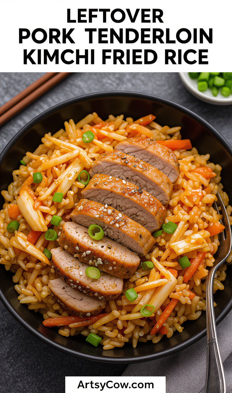 leftover pork tenderloin kimchi fried rice recipe pin image