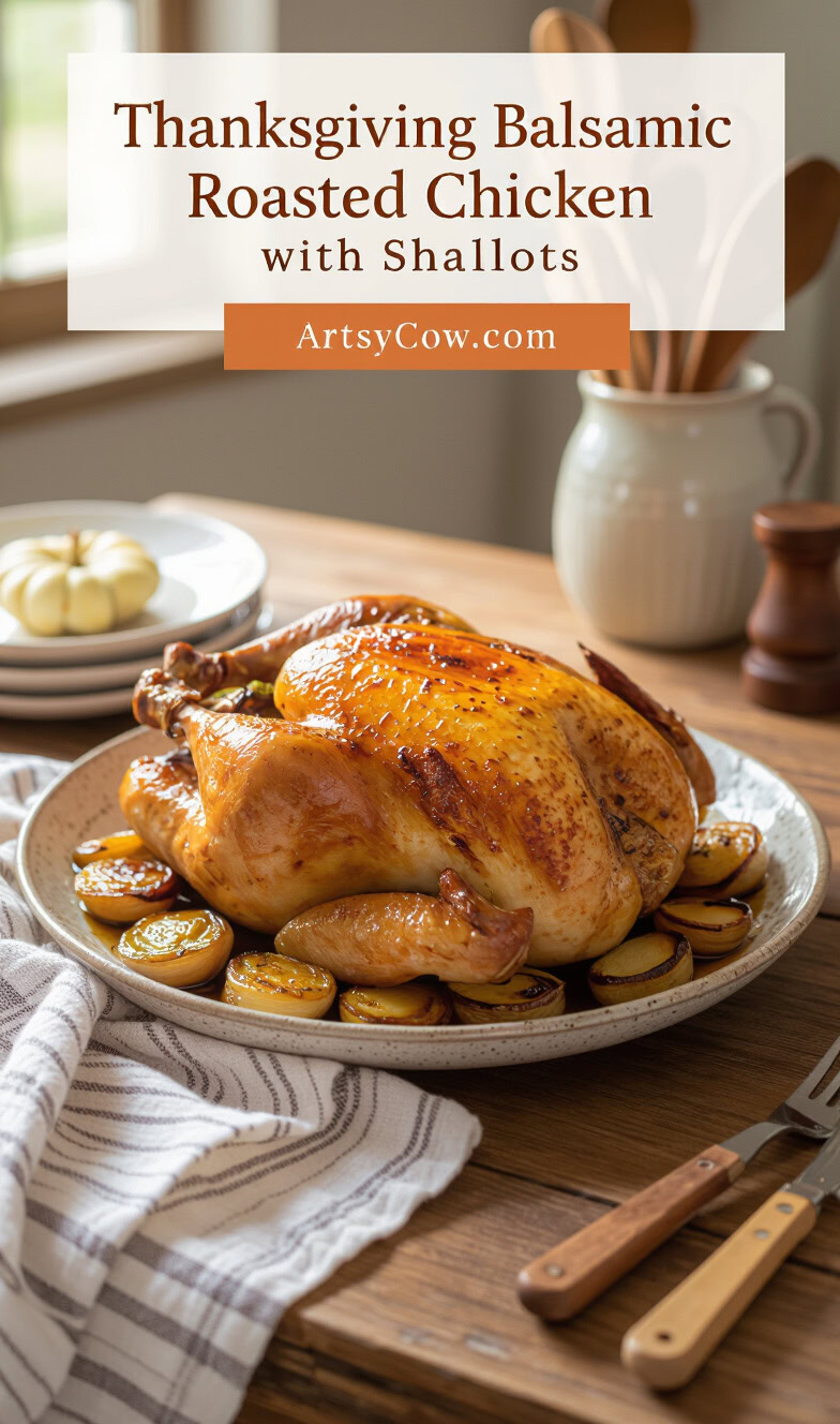 thanksgiving balsamic roasted chicken with shallots recipe pin image