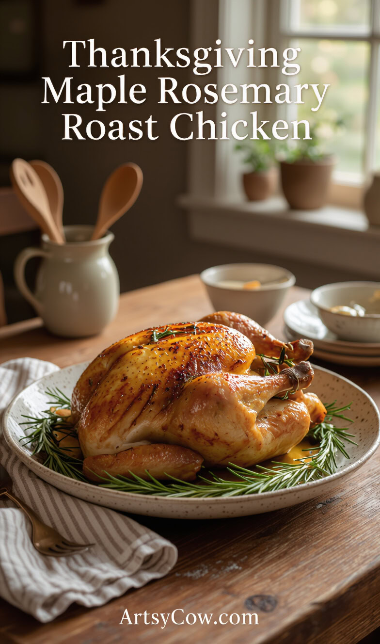thanksgiving maple rosemary roast chicken recipe pin image