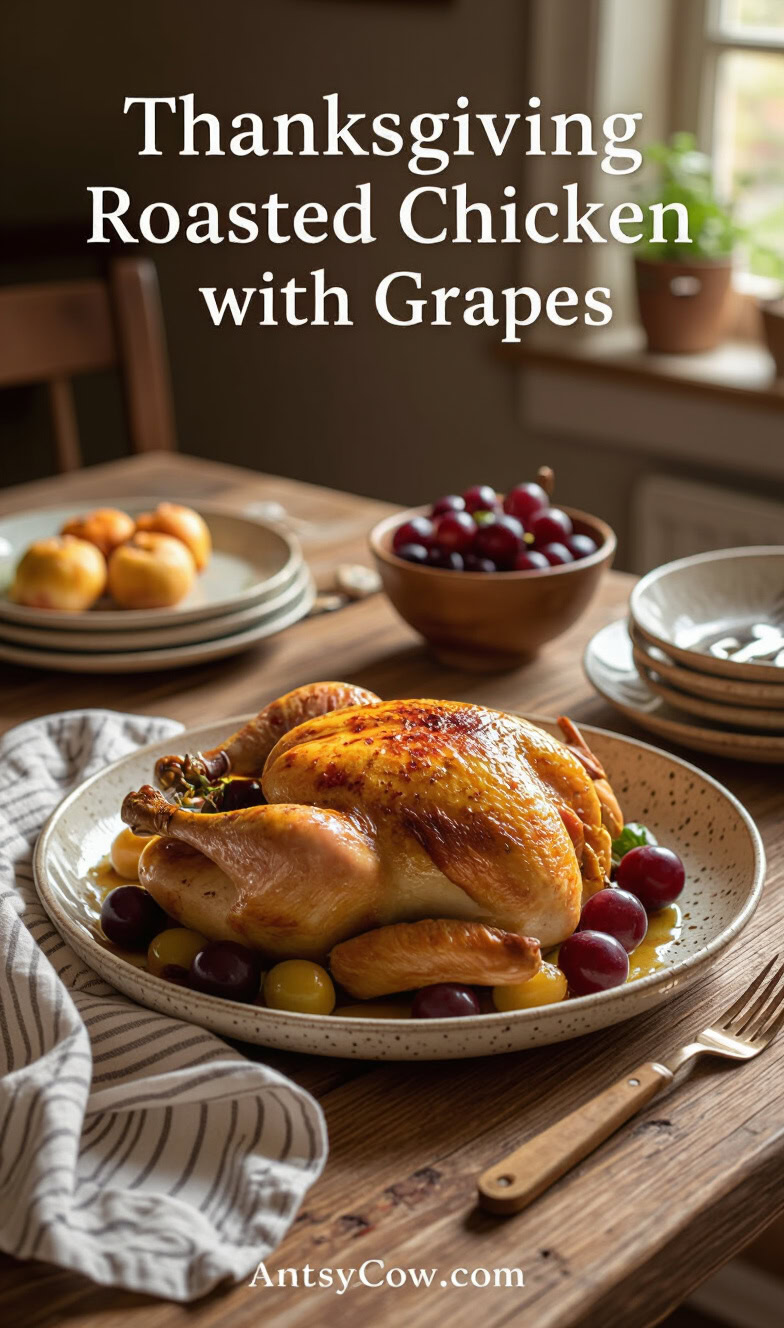 thanksgiving roasted chicken with grapes recipe pin image