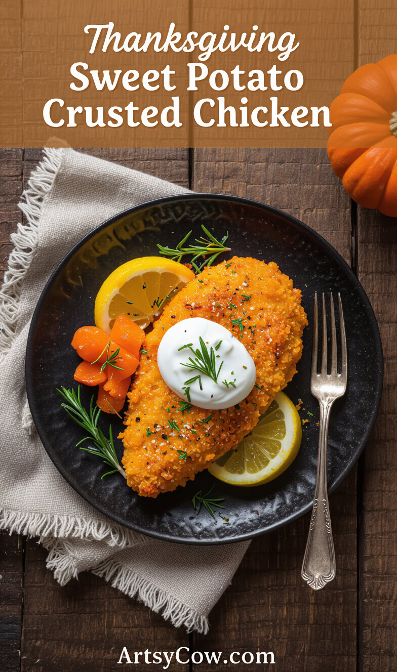 thanksgiving sweet potato crusted chicken recipe pin image