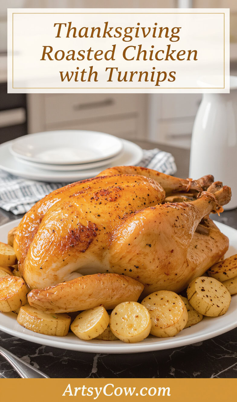 thanksgiving roasted chicken with turnips recipe pin image