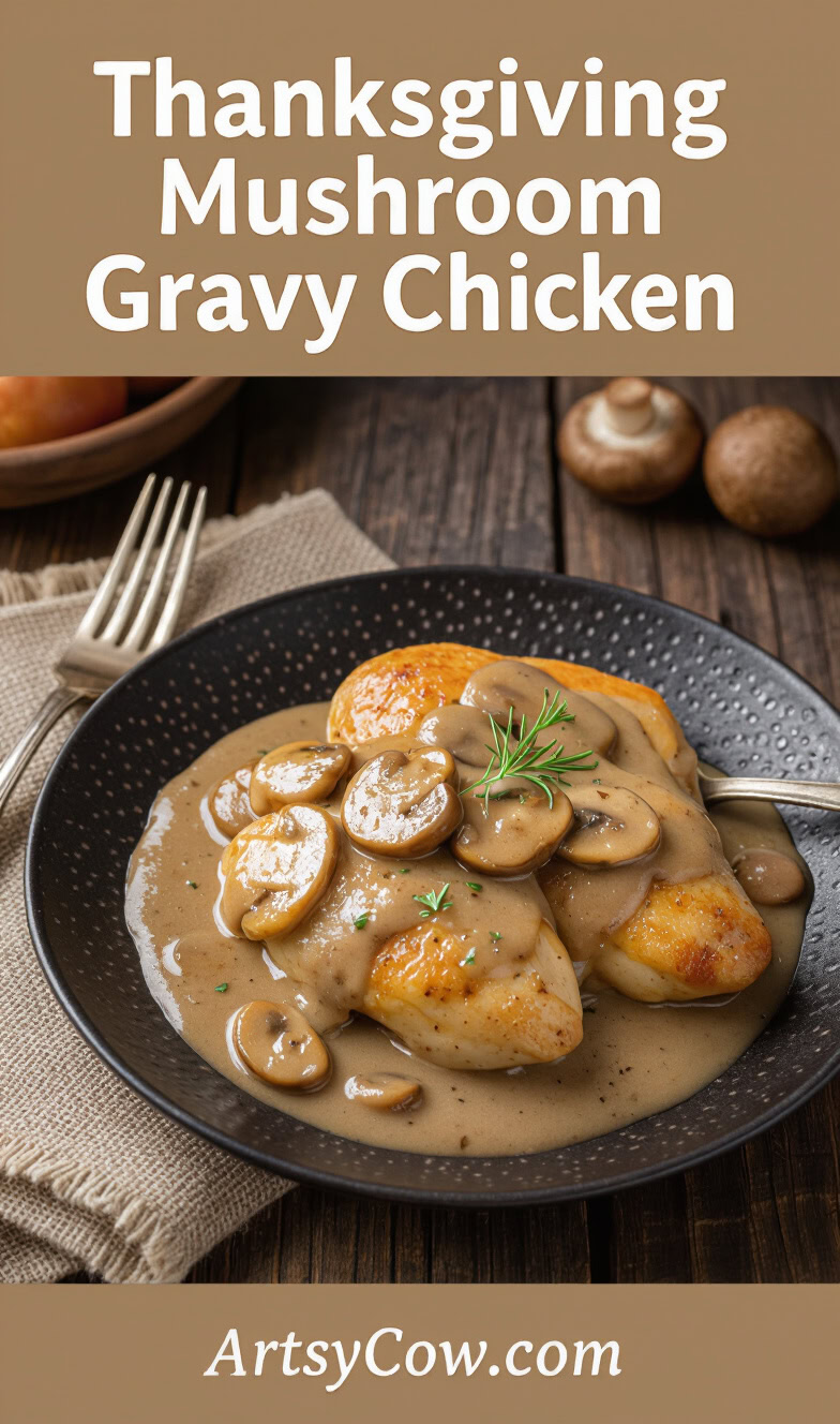 thanksgiving mushroom gravy chicken recipe pin image