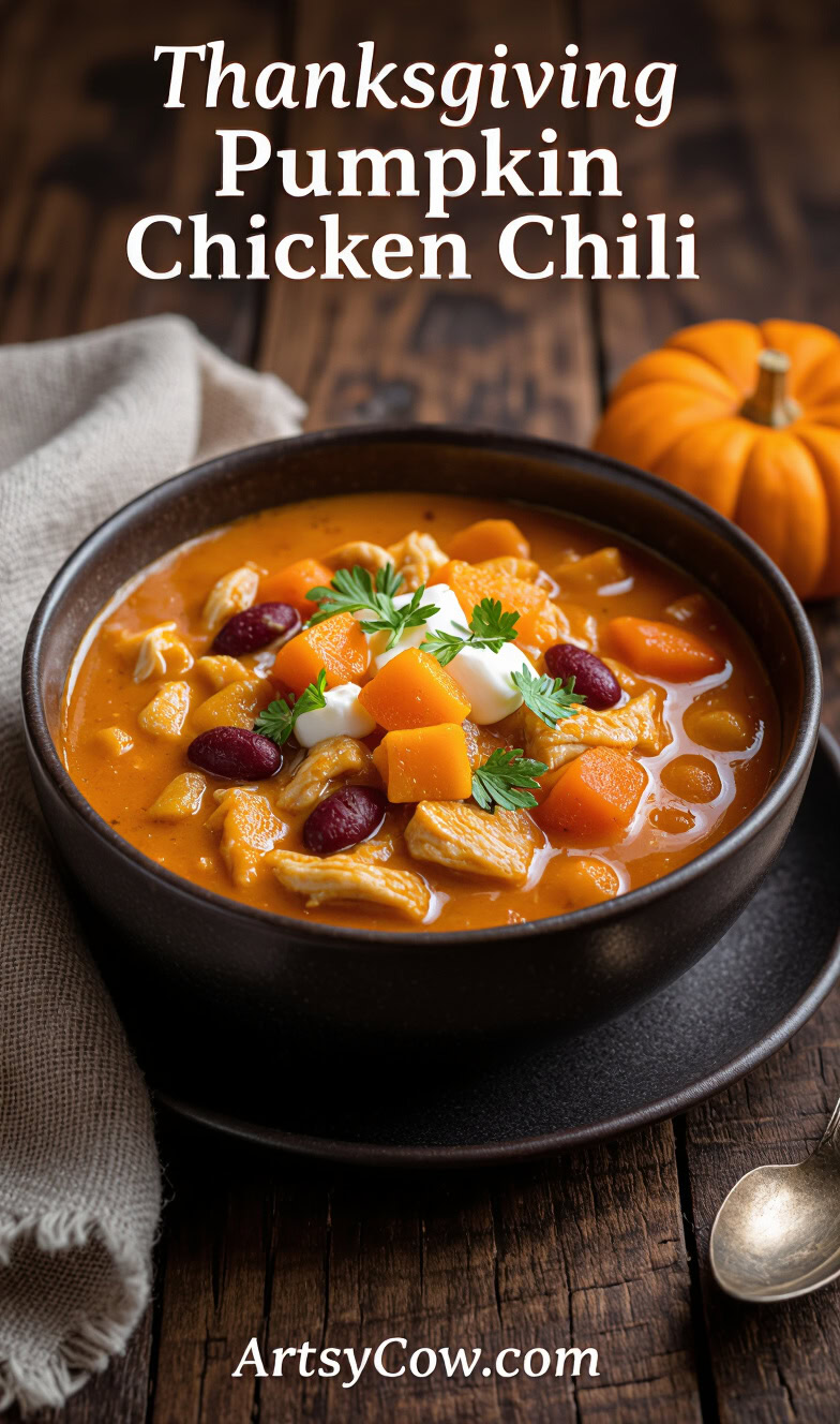 thanksgiving pumpkin chicken chili recipe pin image
