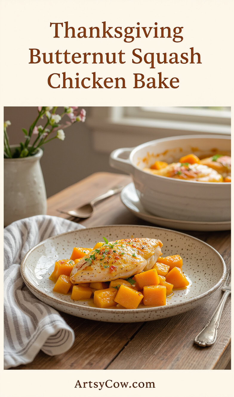 thanksgiving butternut squash chicken bake recipe pin image