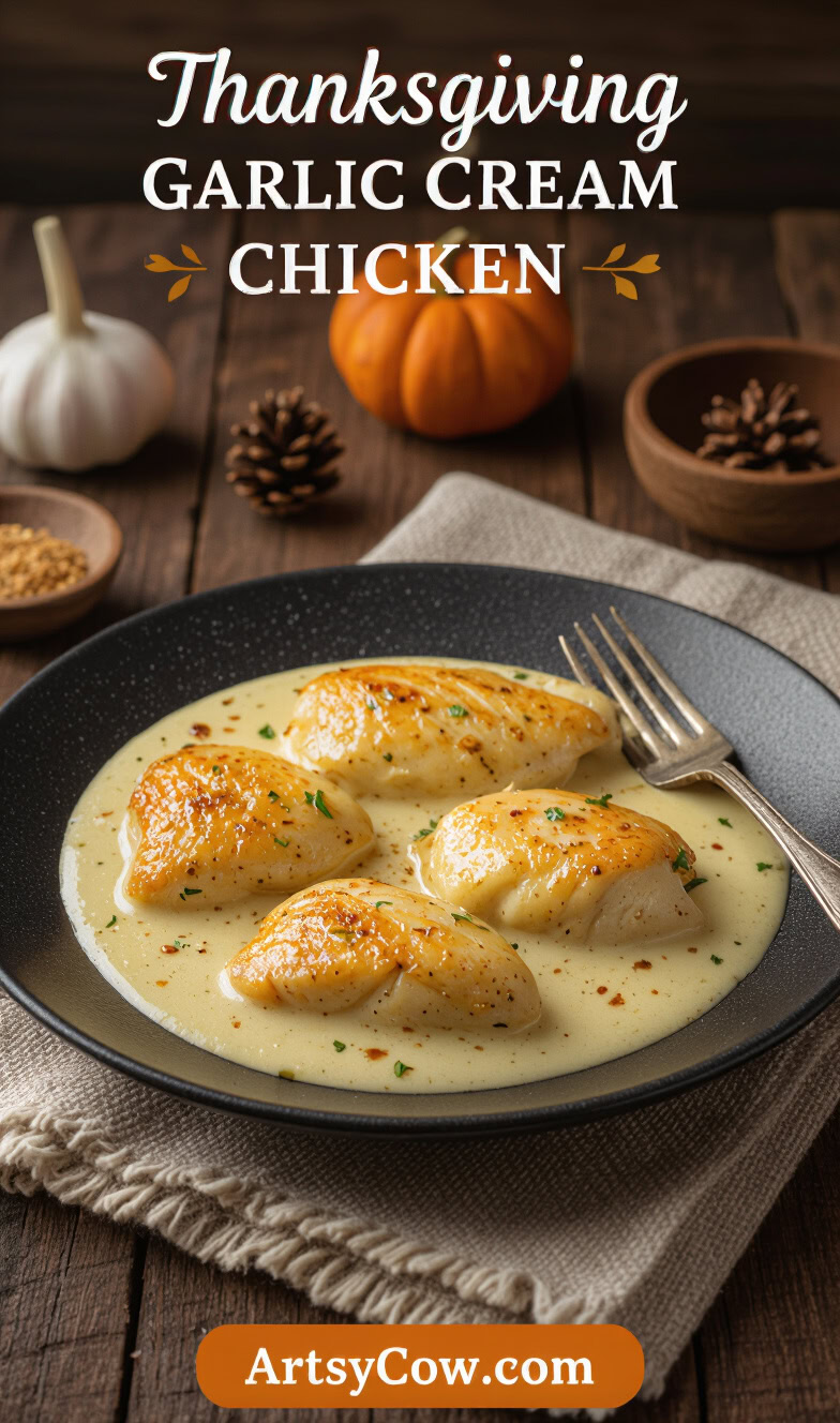 thanksgiving garlic cream chicken recipe pin image