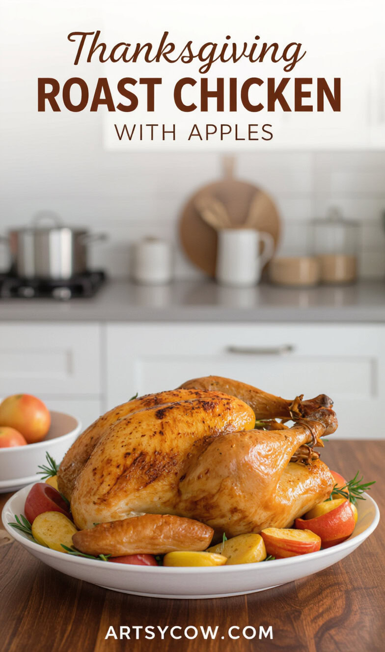 thanksgiving roast chicken with apples recipe pin image