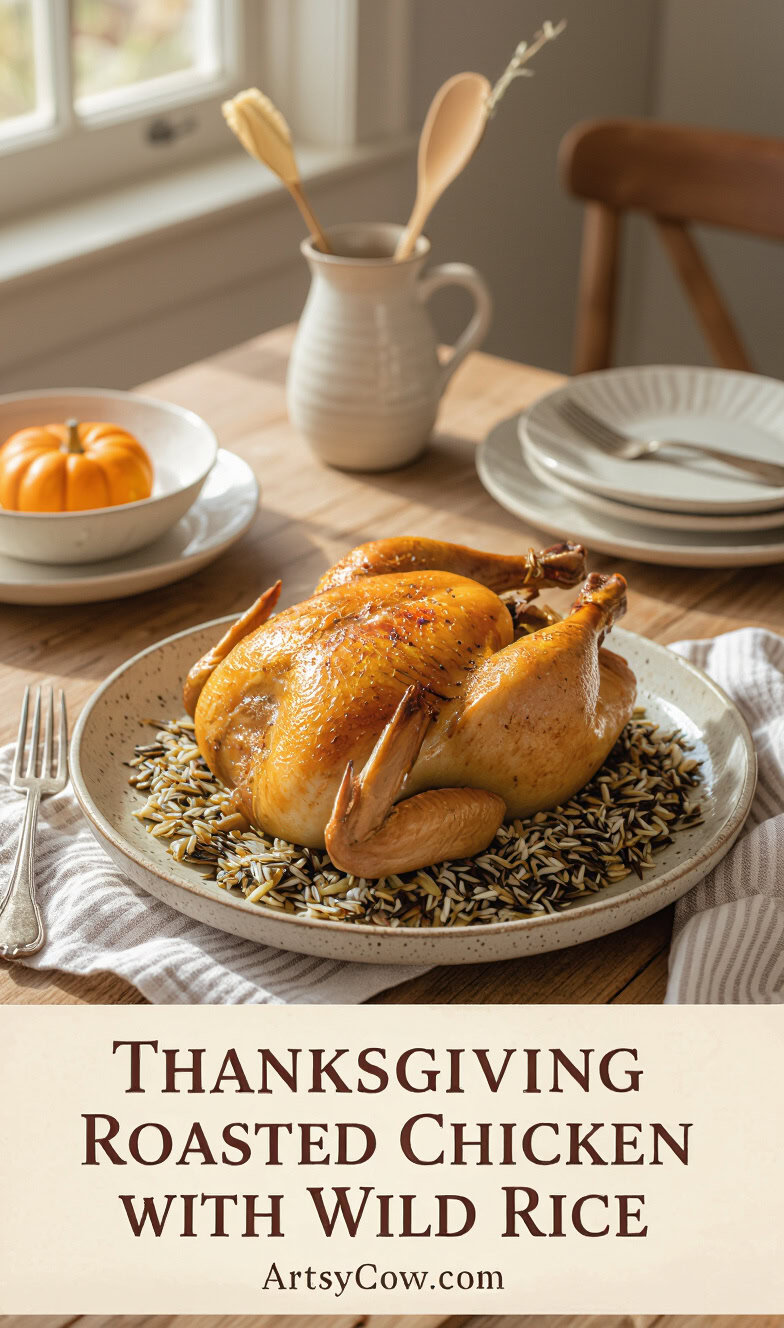thanksgiving roasted chicken with wild rice recipe pin image