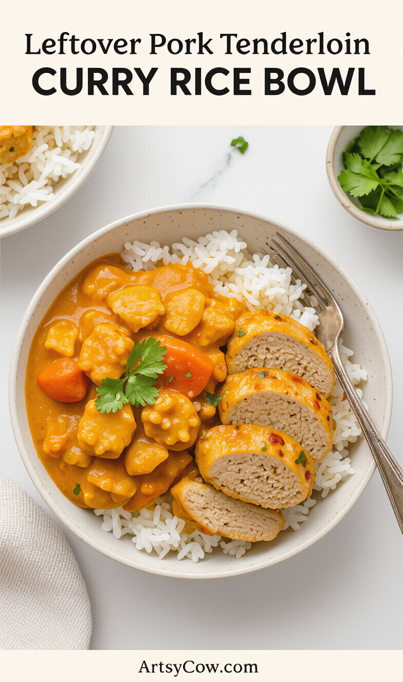 leftover pork tenderloin curry rice bowl recipe pin image