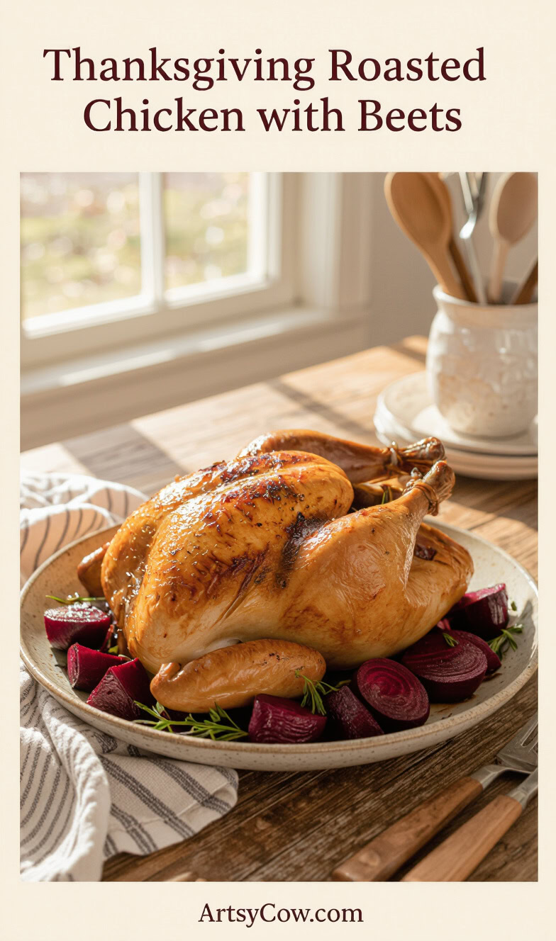 thanksgiving roasted chicken with beets recipe pin image
