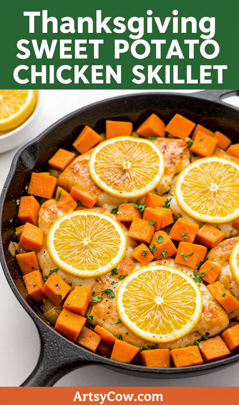 thanksgiving sweet potato chicken skillet recipe pin image