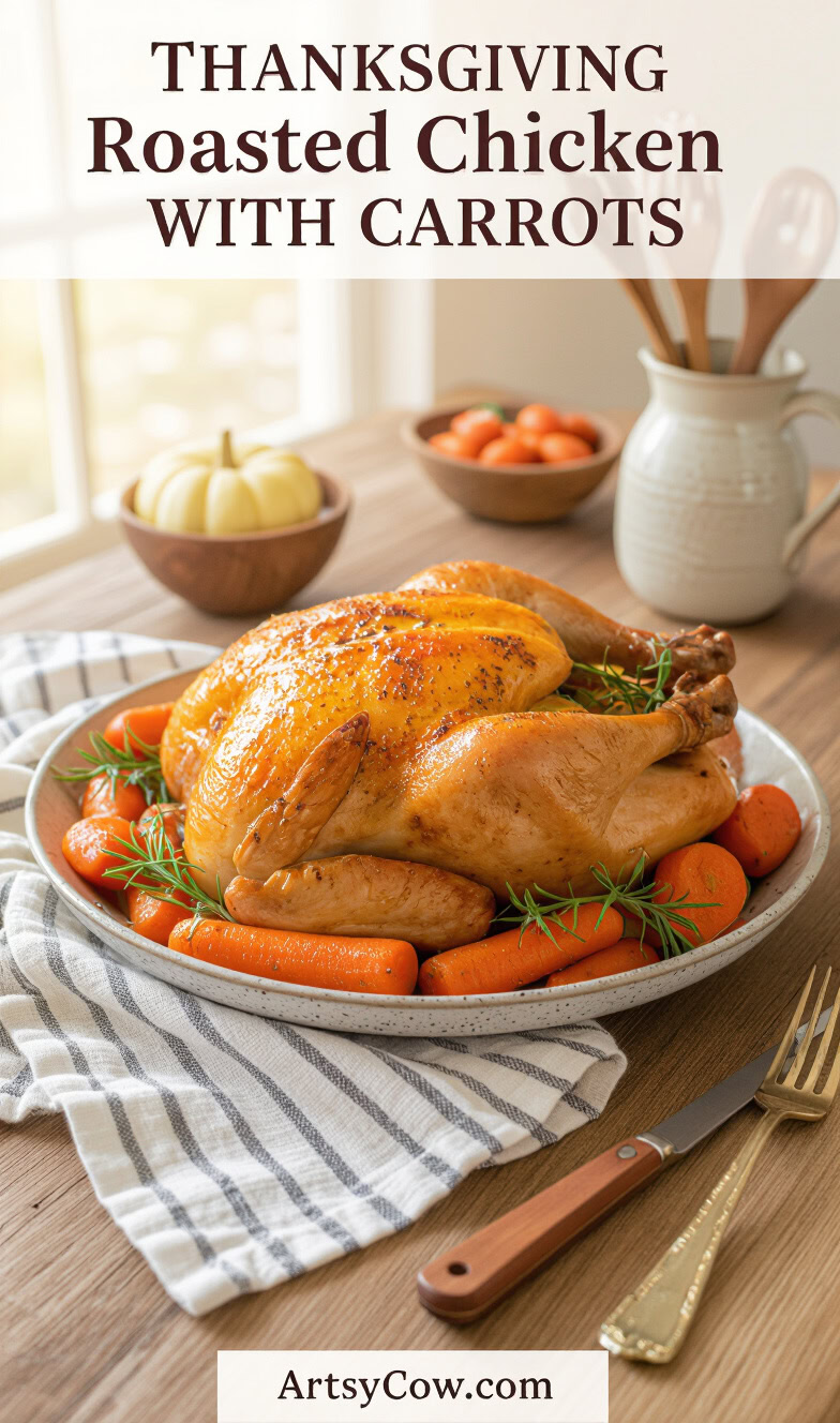 thanksgiving roasted chicken with carrots recipe pin image