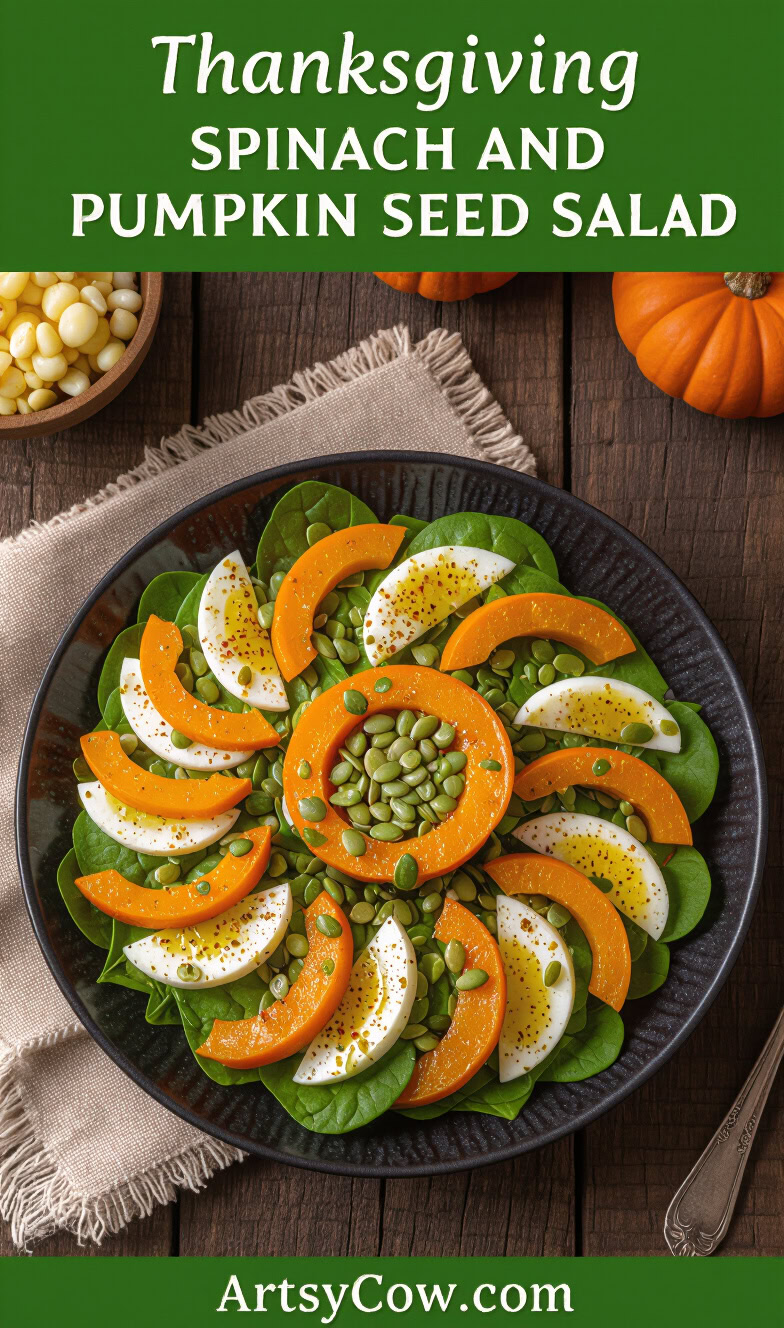 thanksgiving spinach and pumpkin seed salad pin image