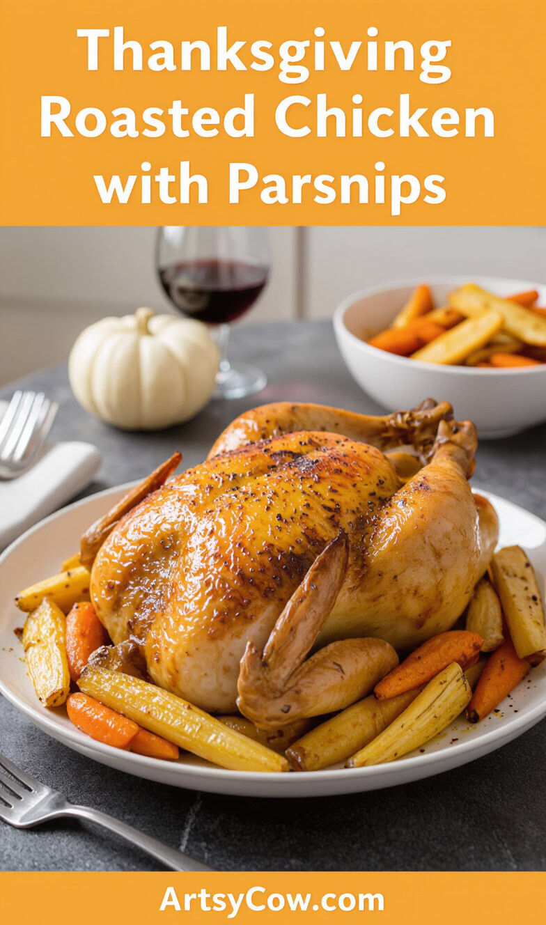 thanksgiving roasted chicken with parsnips recipe pin image