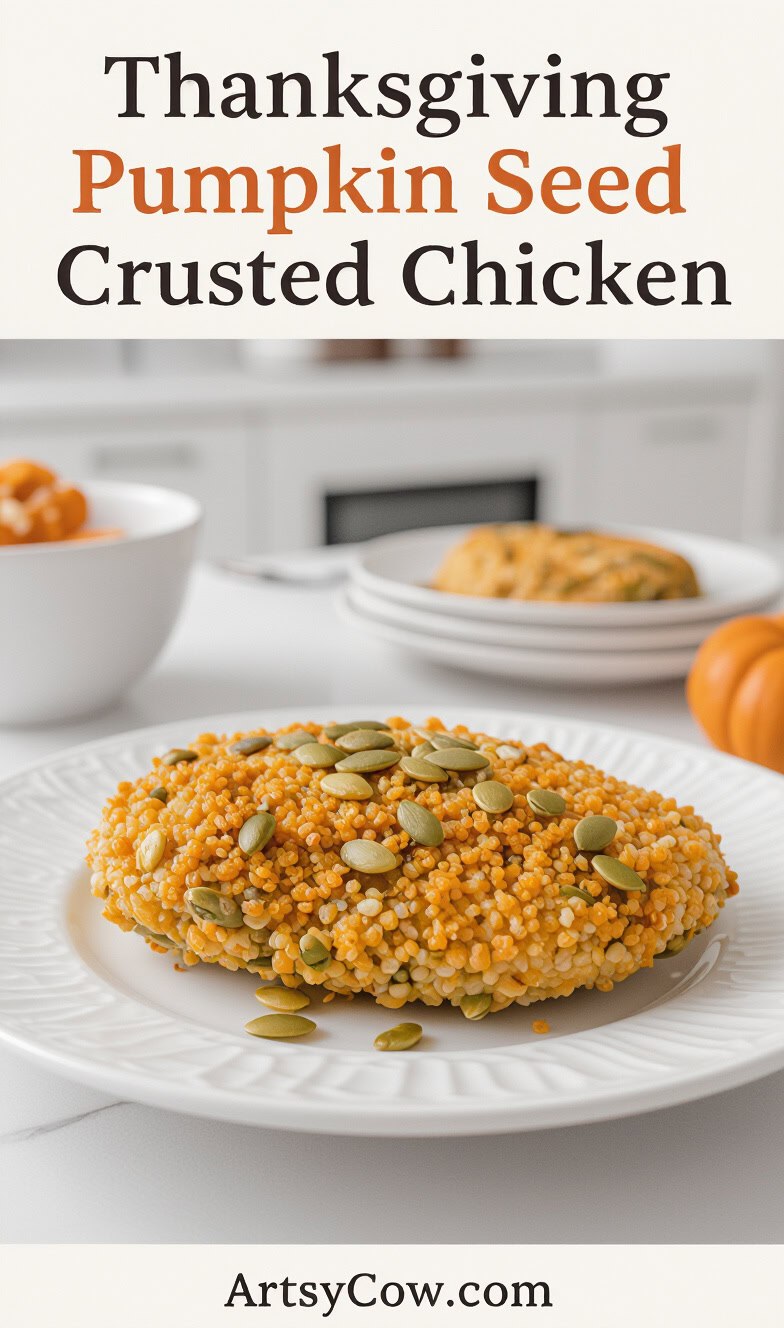 thanksgiving pumpkin seed crusted chicken recipe pin image