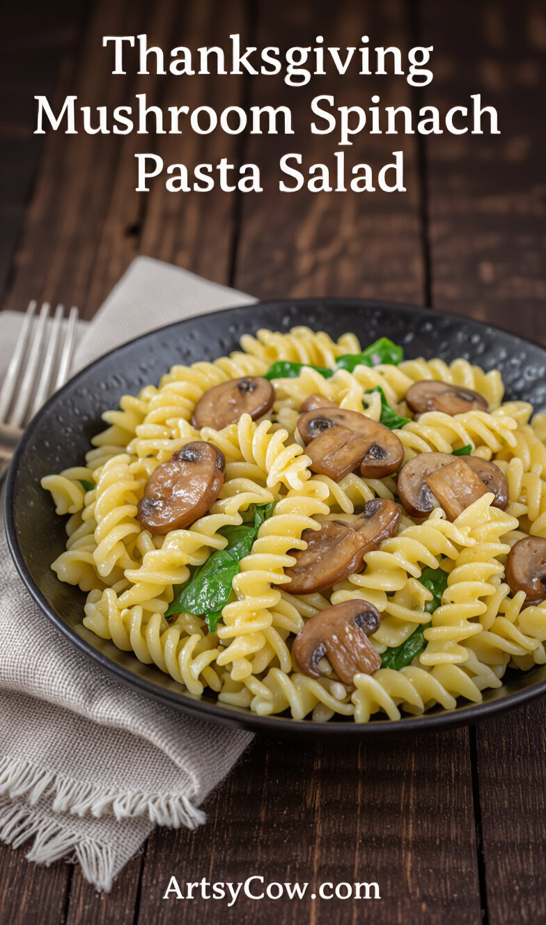 thanksgiving mushroom spinach pasta salad pin image