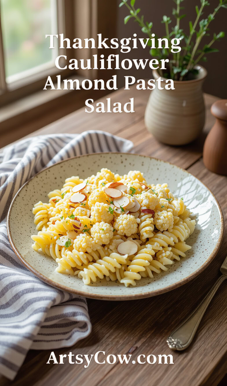 thanksgiving cauliflower almond pasta salad pin image
