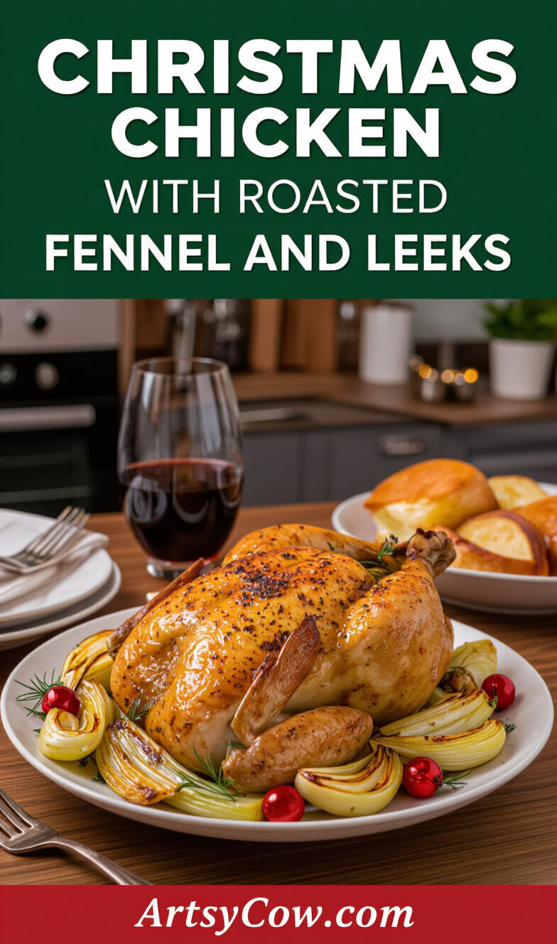 christmas chicken with roasted fennel and leeks pin image