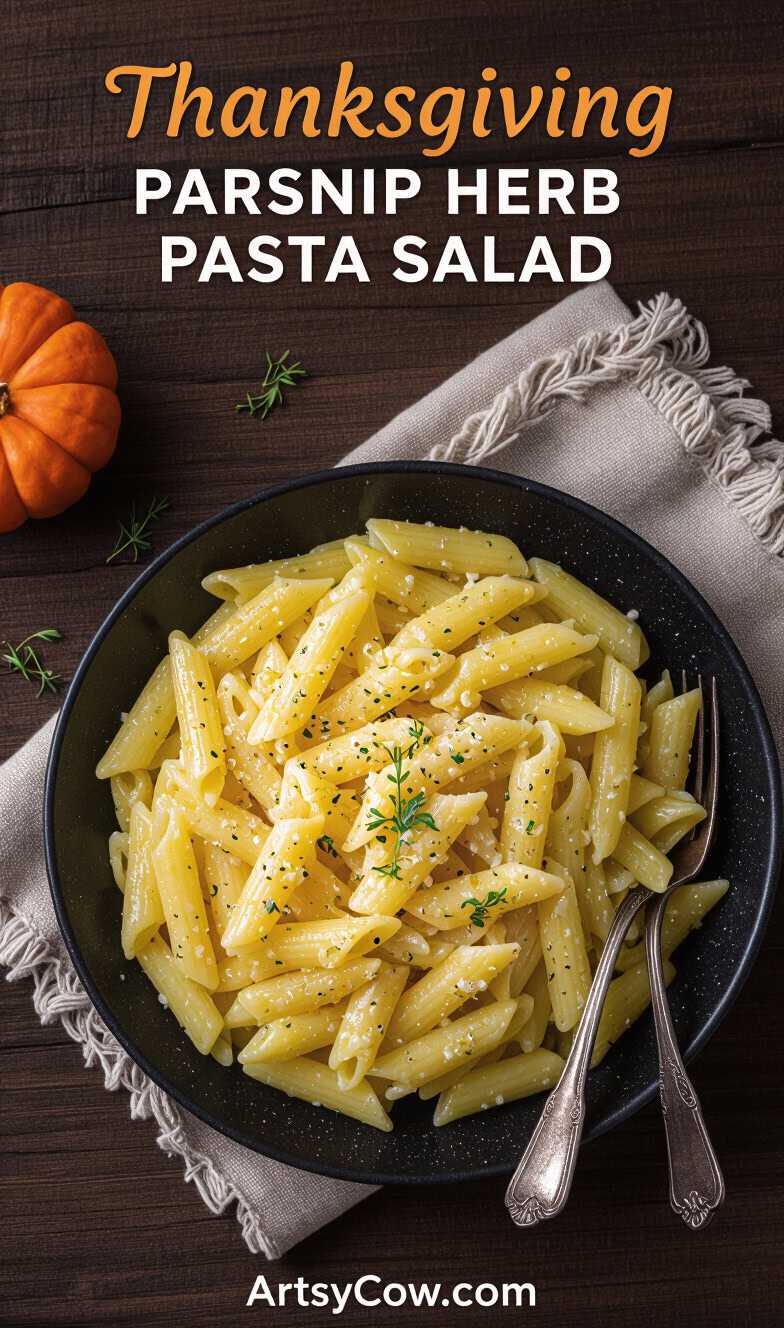 thanksgiving parsnip herb pasta salad pin image