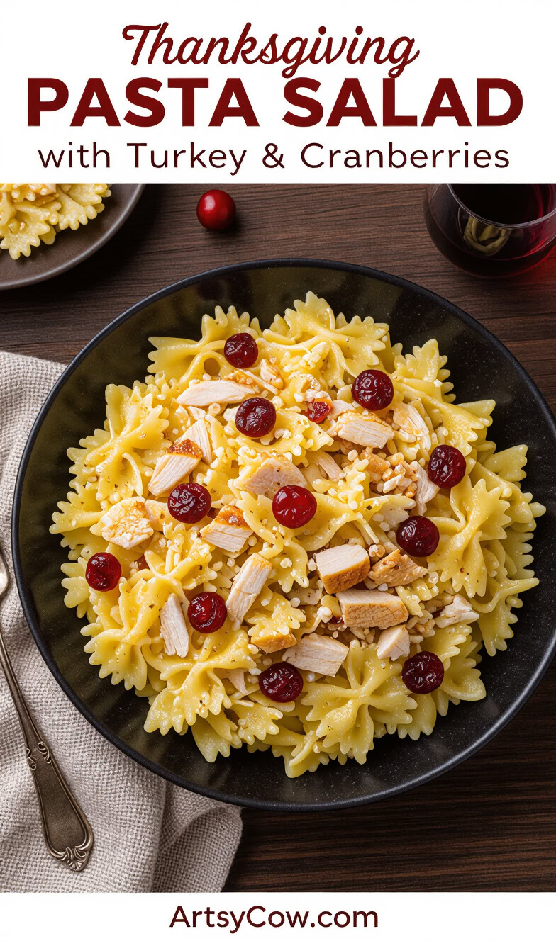 thanksgiving pasta salad with turkey & cranberries pin image