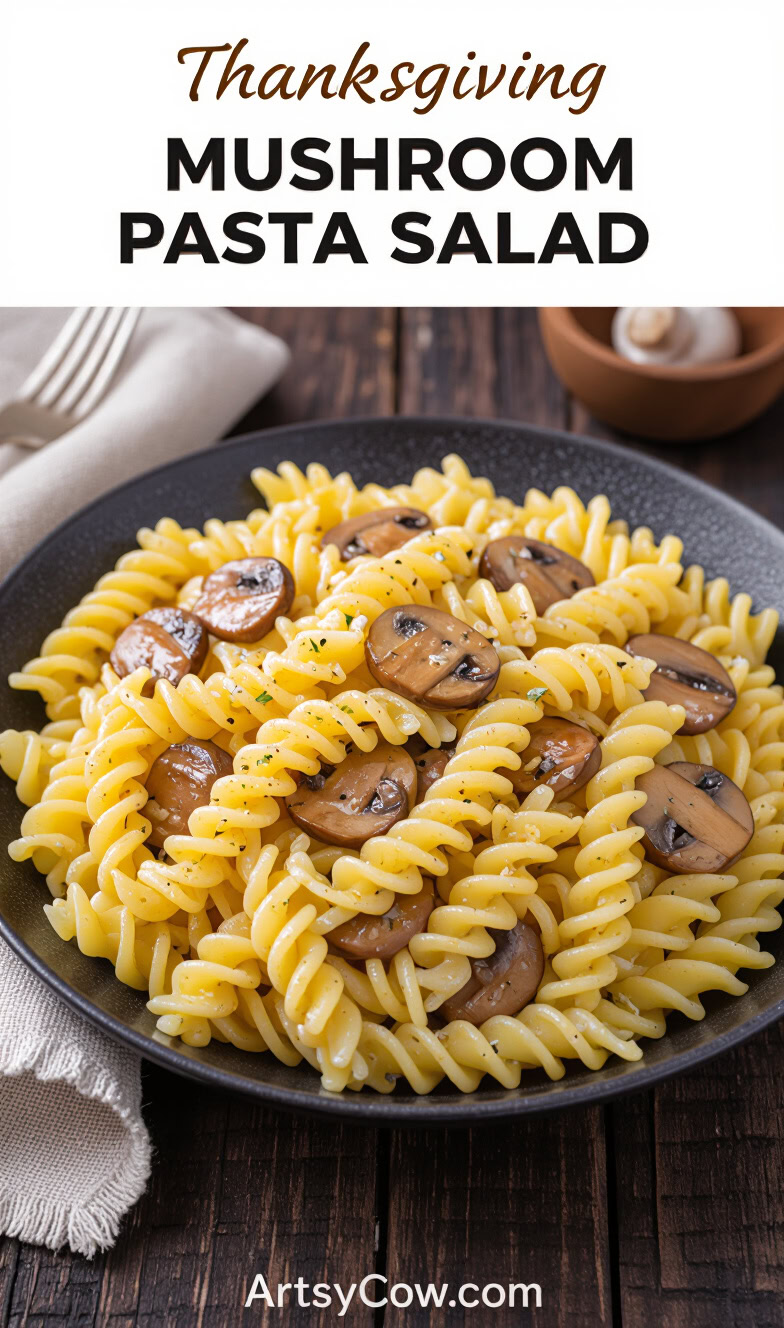 thanksgiving mushroom pasta salad pin image