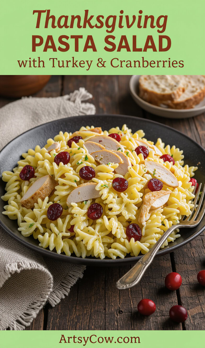 thanksgiving pasta salad with turkey & cranberries pin image