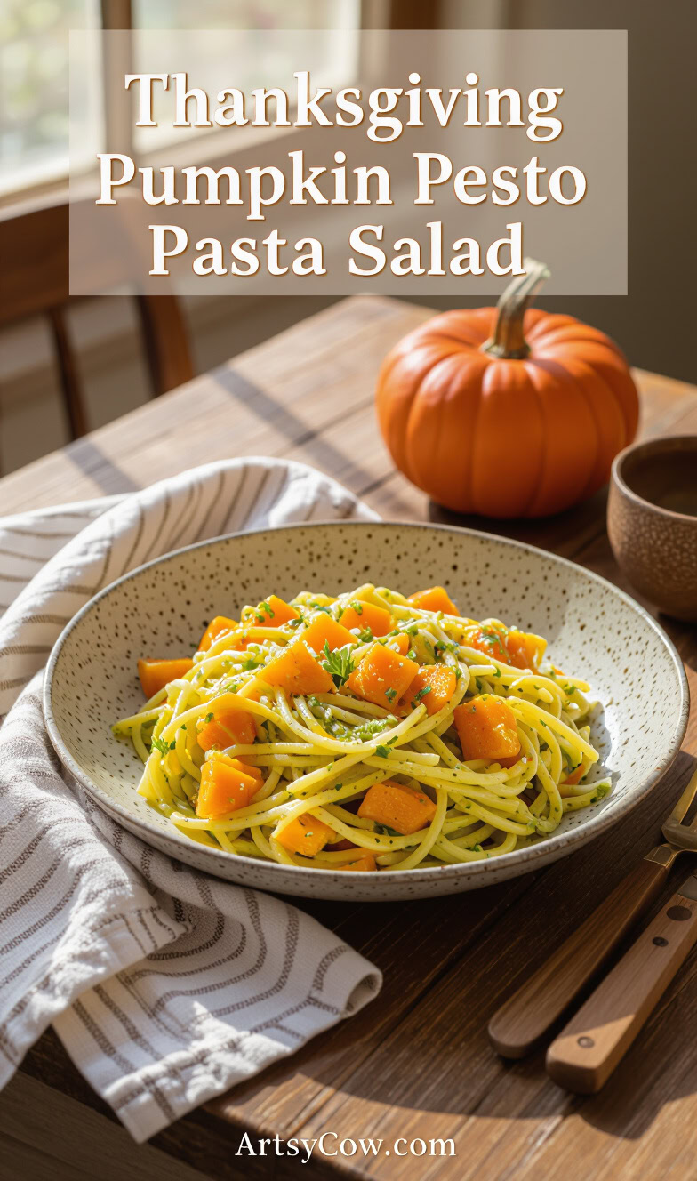 thanksgiving pumpkin pesto pasta salad pin image