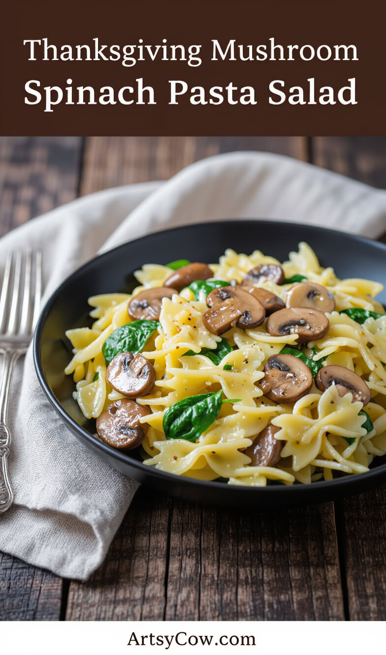 thanksgiving mushroom spinach pasta salad pin image